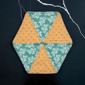 Handmade Hexagon Mug Rug: Set of 2 Patchwork mats in contrasting colors