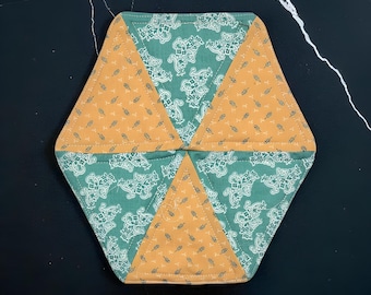Handmade Hexagon Mug Rug: Set of 2 Patchwork mats in contrasting colors