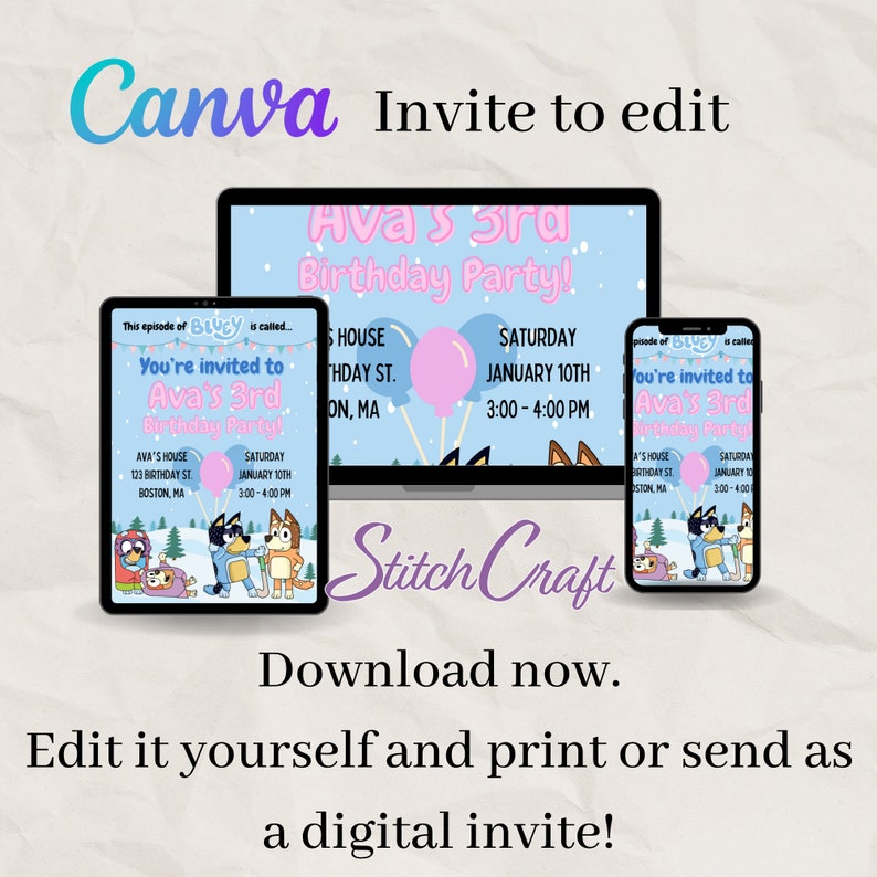CANVA Invite Template Blue Birthday Invitation Party Etsy