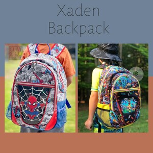 May include: Two backpacks with superhero designs. One features Spider-Man with a red and black web design, the other has a colourful cartoon design. The text "Xaden Backpack" is at the top.