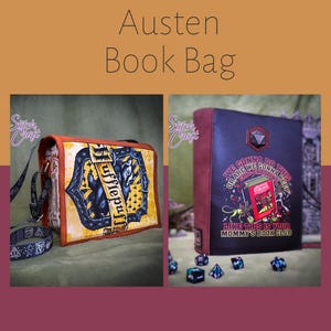 Puede incluir: Se muestran dos bolsas para libros. Una es amarilla y negra con "Hufflepuff". La otra es una bolsa para libros oscura con el texto "We gonna do this or are we gonna keep chatting? Like this is your mommy's book club."