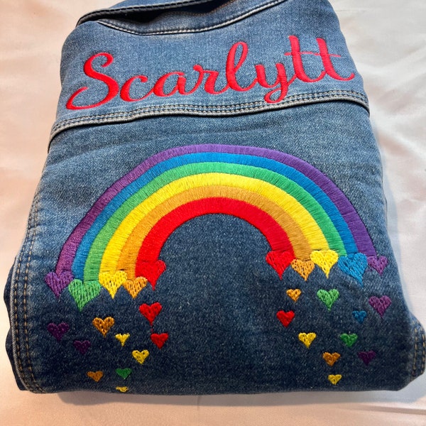 Personalized denim jacket for kids, Rainbow denim jacket, Rainbow hearts stars denim jacket for girls