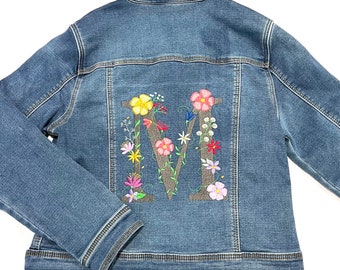 Personalized denim jacket for kids, Monogram denim jacket, Floral letter denim jacket for girls