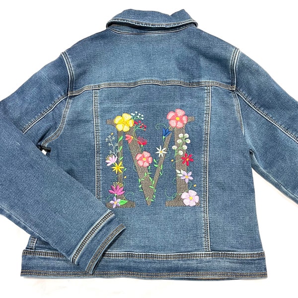 Personalized denim jacket for kids, Monogram denim jacket, Floral letter denim jacket for girls