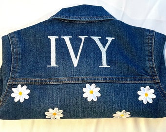 Denim jacket for kids with flowers daisies, Personalized denim jacket, Name denim jacket
