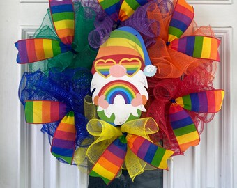 Everyone is Welcome Here Heart Rainbow Gnome Pride Flag LGBTQ Sign Mesh Ribbon Wreath Door Hanger