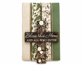 Bless This Home-kransset, christelijke kransset, boerderijkruisdecor, dagelijks deurdecor, tekenlintbundel
