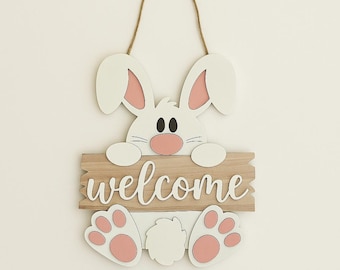 Cartello per porta coniglietto pasquale Cartone animato Ciondoli decorativi in legno Targa da appendere alla porta Targa per portico Decorazione natalizia Targa di buona Pasqua Cartello pasquale in