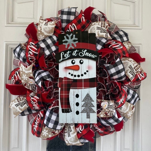 Buffalo Plaid Check Let it Snow Snowman Deco Mesh Ribbon Christmas Wreath or Garland Door Hanger Home Decor