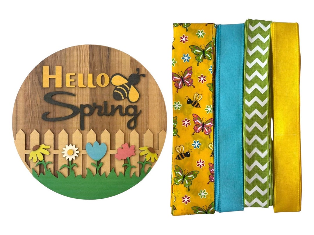 Hello Spring 3D Wood Sign & Ribbon Bundle, Bee and Flower Wreath Making ...