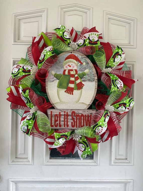 Red Green White Let It Snow Snowflake Snowman Sign Deco Mesh