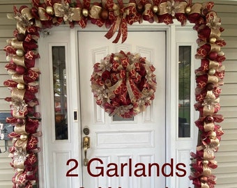 Burgundy Red & Gold Christmas Home Decor Collection Wreath, Garland, Mailbox Swag, Centerpiece, Lantern Bow Topper