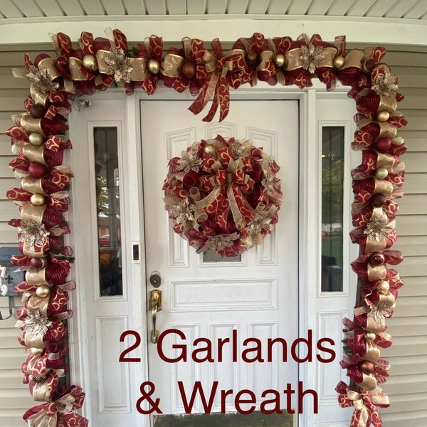 Burgundy Red & Gold Christmas Home Decor Collection Wreath, Garland, Mailbox Swag, Centerpiece, Lantern Bow Topper