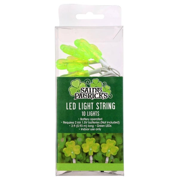 Shamrock Lights, 3’ St Patrick’s Day Green Shamrock 10 LED String Lights, Battery Operated Lights, Shamrock Wreath Attachment