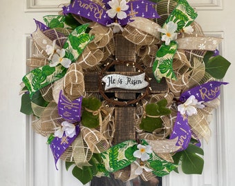 Religious Easter Cross Wreath | He is Risen Wooden Cross | Jesus Crown of Thorns Wreath | Christian Wreath| Deco Mesh & Ribbon Easter Wreath