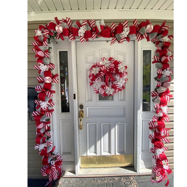 Peppermint Candy Cane Christmas Home Decor Collection Wreath, Garland, Mailbox Swag, Centerpiece, Lantern Bow Topper, Gift Idea