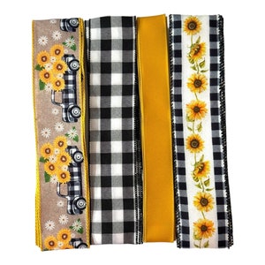 Zonnebloemkrans voor vrachtwagen | Herfstkrans voor thuis | Zelfgemaakte boerderijkrans | Zonnebloemdecoratie met buffelruitpatroon | Herfstknutselpakket Ribbon Bundle