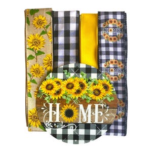 Zonnebloemkransset | HOME Sign- en buffelgeruit lintbundel | DIY deurdecoratie boerderij | Rustieke zomerdeco-gaaskransset