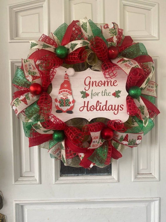 Gnome for the Holidays Deco Mesh Ribbon Christmas Wreath Front