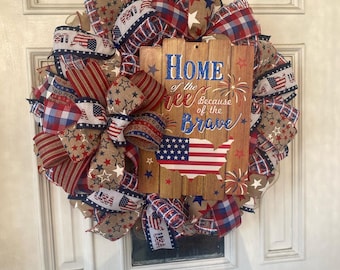 Corona patriótica "Hogar de la Libertad", decoración rústica americana para la puerta principal, corona del 4 de julio, corona de malla de verano para el Día de los Caídos (EE. UU.)