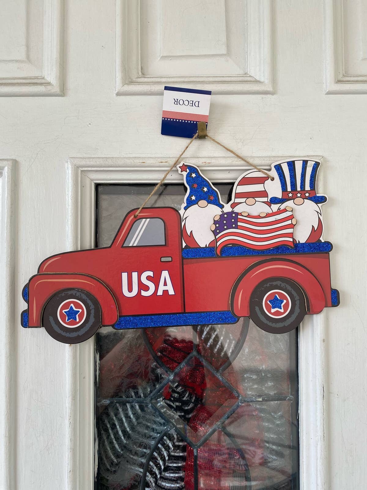 Patriotic Red Gnome Truck Sign, USA Flag, Stars and Stripes, Red White Blue Door Hanger, Wall Plaque, Wreath Attachment, Home Decor
