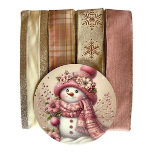 Blush Pink & Gold Snowman Wreath Kit | Elegant Winter Sign and Ribbon Bundle | Christmas DIY Wreath Craft Supplies | Holiday Decor Kit