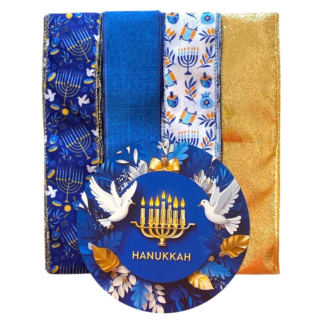 Hanukkah Wreath Kit | Menorah Sign & Ribbon Bundle | DIY Blue Gold ...
