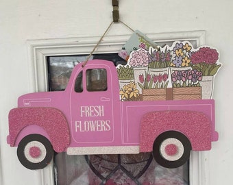 Cartello per camion rosa con fiori freschi / Cartello per camion primaverile / Cartello per camion estivo / Cartello per camion rustico / Appendino per porta con fiori primaverili