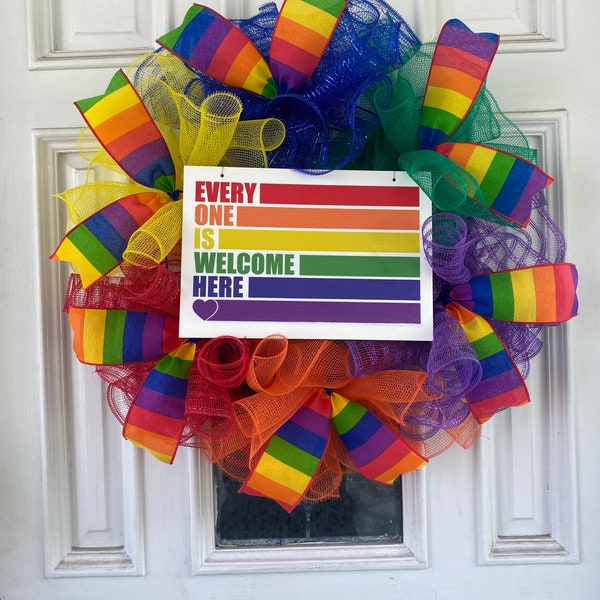 Everyone is Welcome Here Wreath, Rainbow Pride Flag, LGBTQ Sign, Pride Mesh Ribbon Wreath, Pride Door Hanger, Every Day Wreath