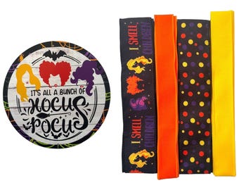 Halloween Wreath Kit with Three Witch Silhouette Sign and Ribbon Bundle, DIY Halloween Decor, ‘I Smell Children’ & Polka Dot Ribbons