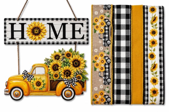 Sunflower Truck Wreath Kit | Home Truck Fall Wreath Kit | DIY Farmhouse Wreath | Buffalo Check Sunflower Decor | Autumn Craft Kit