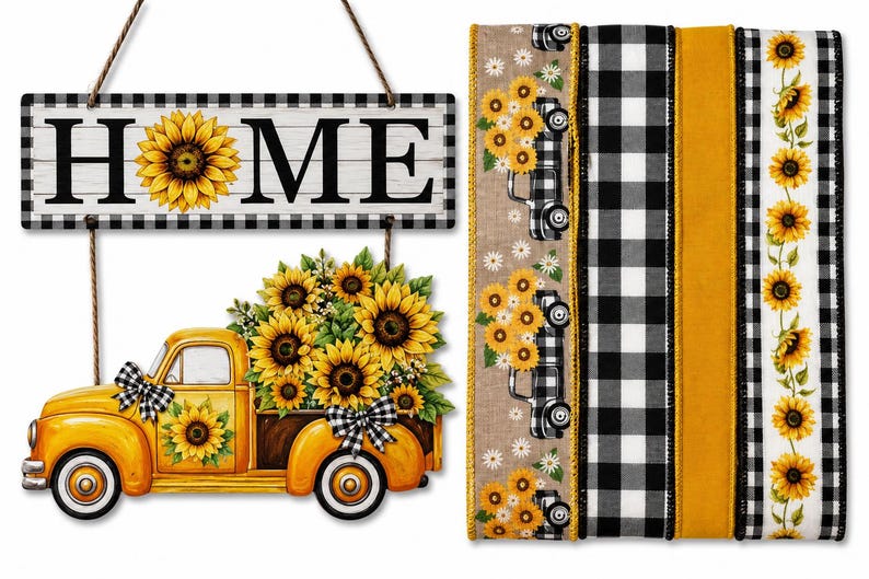 Op de afbeelding: Een hangend houten bord met het woord HOME met een zonnebloem in plaats van de letter O, gecombineerd met een gele vrachtwagen met zonnebloemen. Daarnaast liggen vier verticale linten met zonnebloem-, vrachtwagen- en zwart-wit ruitpatronen.