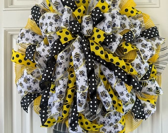 Honey Bee Ribbon & Mesh Spring Summer Wreath, Bumblebee Front Door Hanger, Home or Office Decor, Large Handmade Curly Bow, Hanging Wall Art