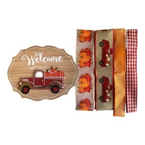 Fall Wreath Kit Red Truck Welcome Sign & Pumpkin Ribbon Bundle | DIY Autumn Wreath | Farmhouse Fall Decor | Thanksgiving Craft Kit