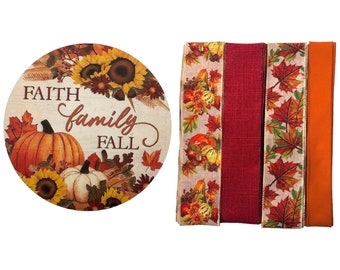 Faith Family Fall Sunflower Pumpkin Sign & Ribbon Bundle Set, DIY Wreath Making Supply Kit Box, Do it Yourself Craft Home Decor Project