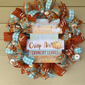 Rustic Autumn Door Wreath with Pumpkins, Crisp Air Sign & Plaid Ribbons – Fall Harvest Farmhouse Front Porch Decor