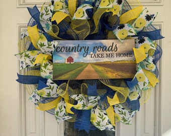 Country Roads Take Me Home West Virginia Day Mesh Ribbon Krans Voordeurhanger, lente en zomer voordeurhanger, woondecoratie