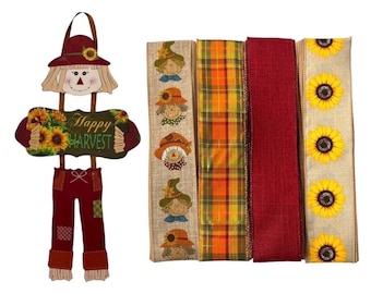 Kit per ghirlanda autunnale con spaventapasseri, kit per ghirlanda di girasoli per il raccolto, decorazione per porta "Happy Harvest", decorazioni autunnali rustiche, set di nastri per cartello con spaventapasseri
