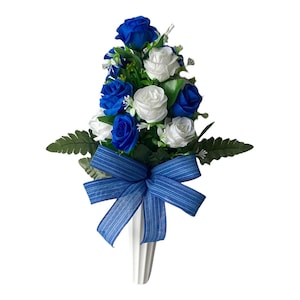 Blue & White Rose Cemetery Flower Saddle with Ground Stake – Memorial Vase Arrangement for Grave with Bow – Custom Name Option