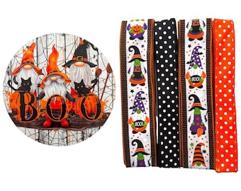 Halloween Gnome DIY Wreath Making Kit | BOO Sign with Witch Hats & Black Cats and Ribbons Bundle | Halloween Craft Supplies | Home Decor