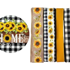 Zwart witte buffel geruit zonnebloem huisbord en lintbundel, doe-het-zelf zomerkrans maken leveringspakketdoos, doe-het-zelf plaid herfsthuisdecoratie