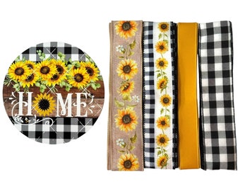 Black White Buffalo Check Sunflower Home Sign & Ribbon Bundle, DIY Summer Wreath Making Supply Kit Box, Do it Yourself Plaid Fall Home Decor