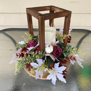 Fall Lantern Centerpiece – Rustic Wood Farmhouse Table Decor with Candle, Autumn Floral Arrangement, Thanksgiving Table Decoration