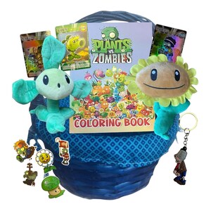 Plants vs Zombies Geschenkkorb für Kinder – PvZ Plüschtiere, Malbuch, Aufkleber, Sammelkarten, Schlüsselanhänger – Gamer Geschenkidee