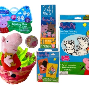 Canasta de Pascua de peluche de Peppa Pig, kit de colores y actividades, rompecabezas, tarjetas, juego de regalo de juguete para niñas, niños, regalo de cumpleaños envuelto con lazo