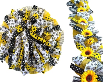 Honey Bee Sunflower Garland, Bumblebee Spring Summer Home Decor, Front Door, Fireplace Mantle, Hutch, Fence, Porch Banister Rail Decoration