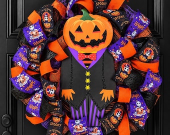 Halloween Pumpkin Wreath, Jack O Lantern Wreath, Halloween Front Door Decor, Spooky Pumpkin Door Wreath, Handmade Deco Mesh Wreath