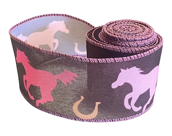 Pink Horse & Horseshoe Wired Ribbon, 2.5” x 3 Yards – Western Equestrian Ribbon for Wreaths, Bows, Crafts, Farmhouse Décor