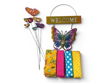 Butterfly Wreath Kit with Metal Sign, Spring Summer Wreath Kit, Bright Door Decor, Floral Ribbon Bundle, DIY Wreath Kit Supplies