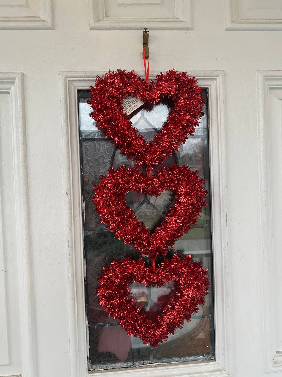 18 Red Tinsel Heart Valentines Day Wreath, Heart Door Hanger
